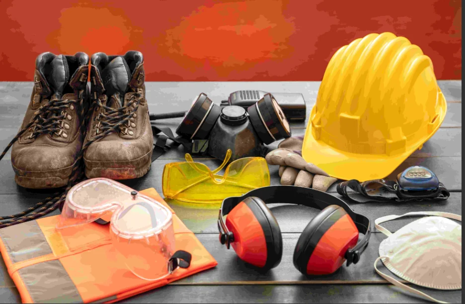 Construction safety equipment: hard hat, boots, ear defenders, goggles, respirator and high-visibility vest